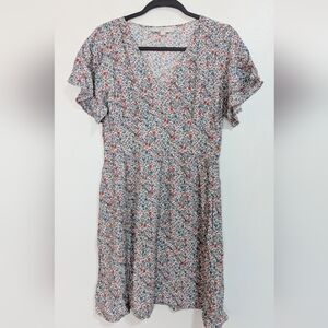 LOFT Floral V Neck Fit N Flare Mini Dress Blue Red Size Medium